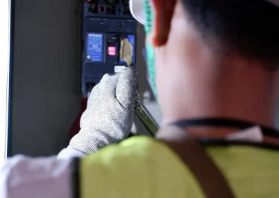 Electrician from Ace Projects connecting wires in a DB board at an industrial factory in East London, demonstrating proficiency in industrial electrical services.