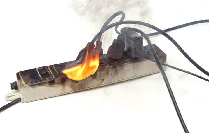 Burnt electrical multiplug in east london due to electrical overloading.