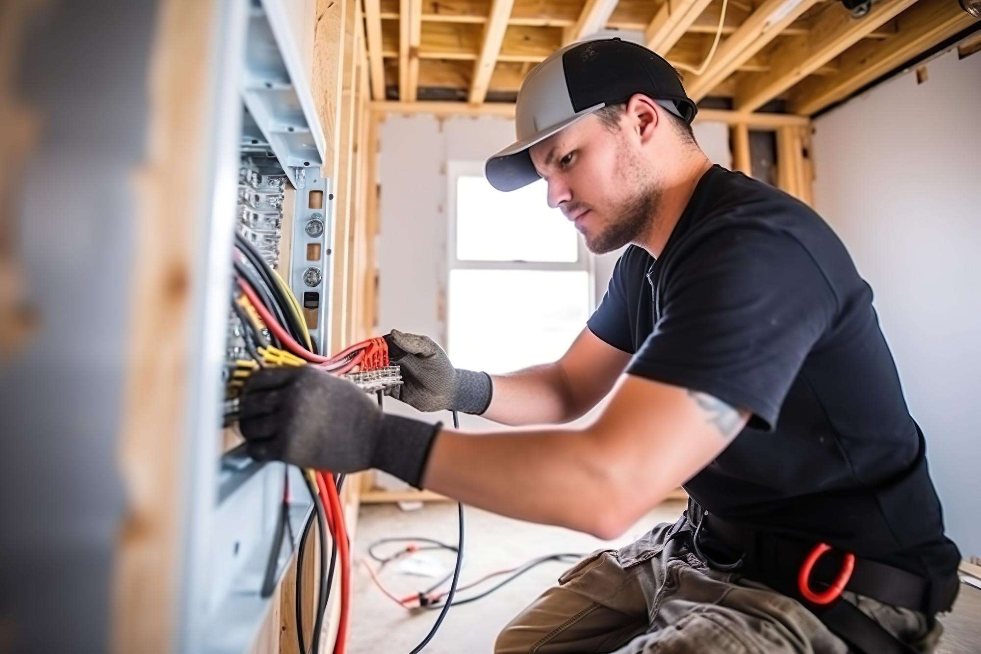 Electrician in safety gear meticulously wiring an electrical panel during installation.